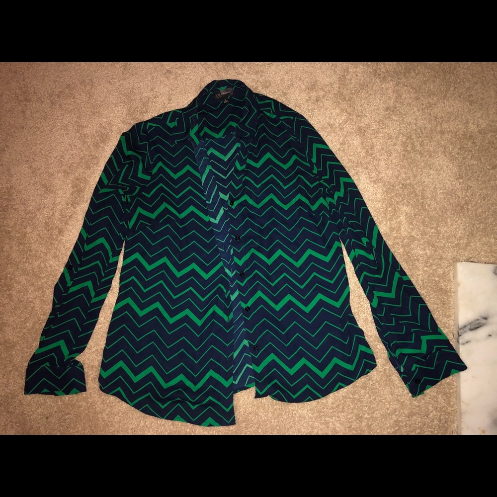 The Limited Green & Navy Chevron Button Down Top